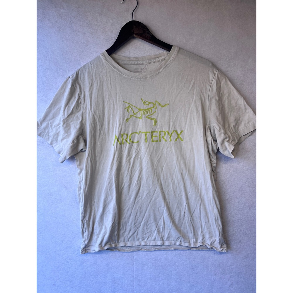 Arcteryx Word Logo SS M Mens Beige Lime Green Cotton Graphic T-Shirt X000007991